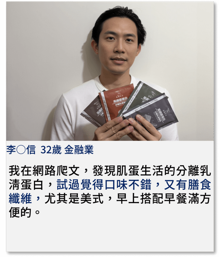 我在網路爬文，發現肌蛋生活的分離乳清蛋白，試過覺得口味不錯，又有膳食纖維，尤其是美式，早上搭配早餐滿方便的。